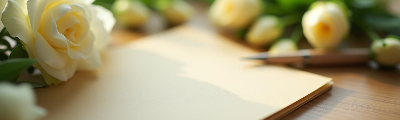 Stilvolle florale Komposition mit einer Notiz und einem Stift, die Kontaktaufnahme symbolisiert