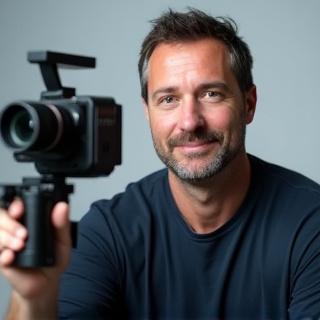 Markus Vogel, Videograf und Cutter bei Eos Capture, mit Kameraausrüstung.